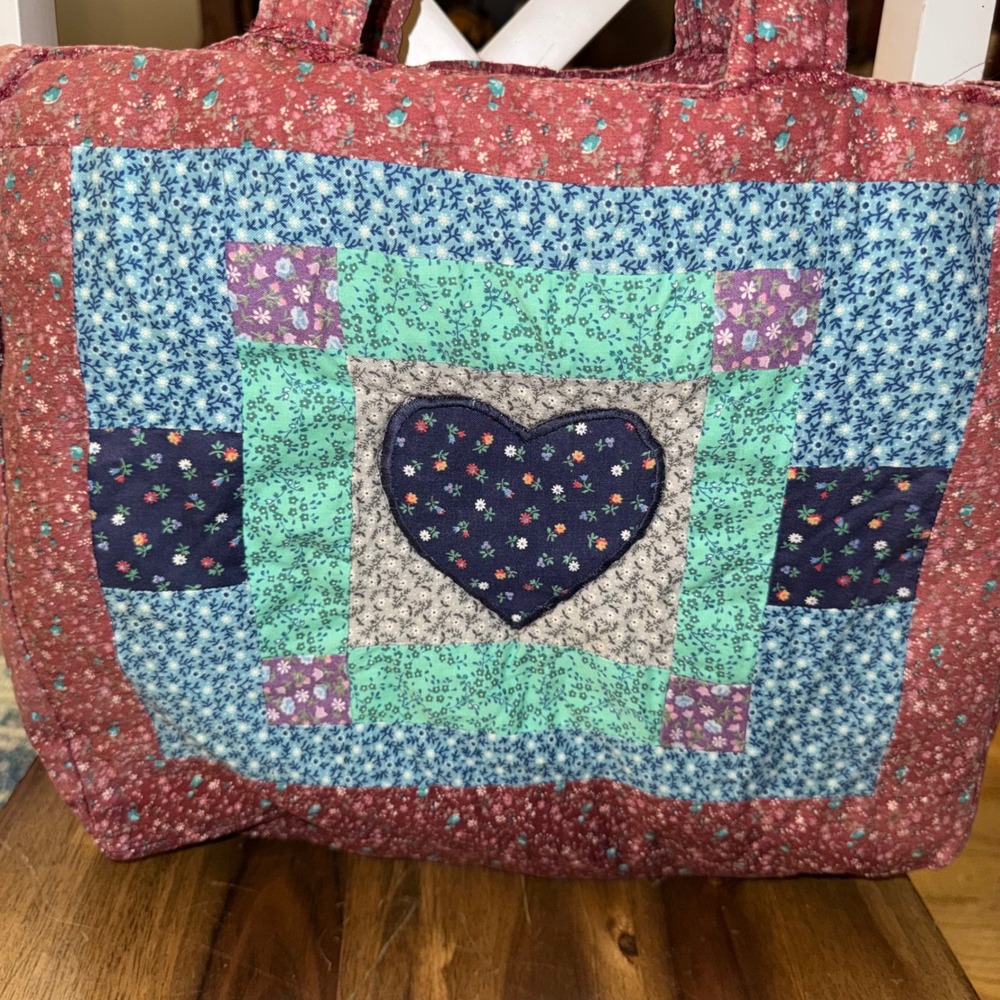 Handmade Quilted Patchwork Tote Bag Floral Heart Applique Cottagecore Burgundy